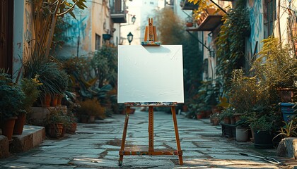 A large easel with a clean canvas on the background of an urban environment