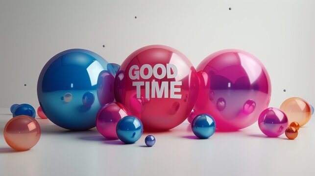Good Time Message with Colorful Balloons. 'Good Time' text on large, colorful balloons creating a cheerful and playful vibe, perfect for festive occasions. - Powered by Adobe