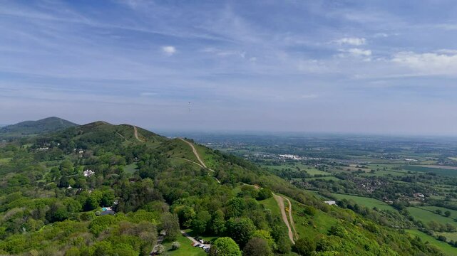 Aerial view of paragliders flying over the Malvern Hills in Worcestershire and Herefordshire,England