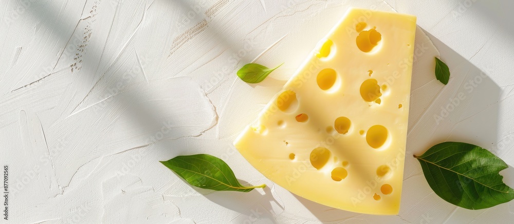 Poster top view of a chunk of maasdam cheese with holes on a white background with harsh shadows, accompani