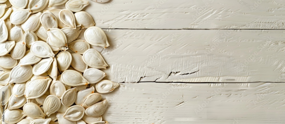 Poster a pile of pumpkin seeds positioned to the left of a copy space image on a pale wooden background.