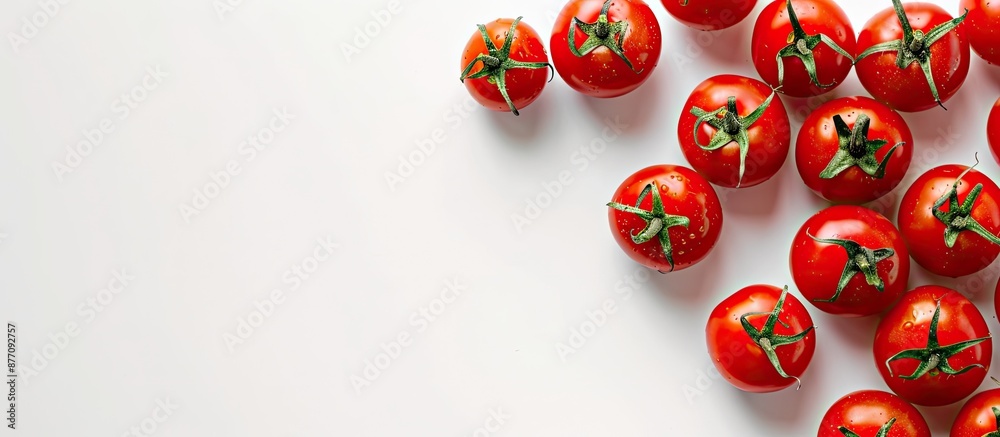 Poster fresh red tomatoes arranged with copy space image on a white background, showcasing their food compo