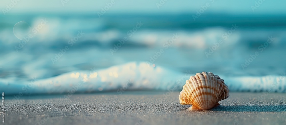 Aufkleber A seashell resting on the sandy beach with a tranquil ocean backdrop in a serene setting, ideal for a minimalist copy space image.