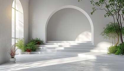 Fototapeta premium A white marble stone podium with hanging silk with a sunny natural background, an advertising mockup for product presentation.