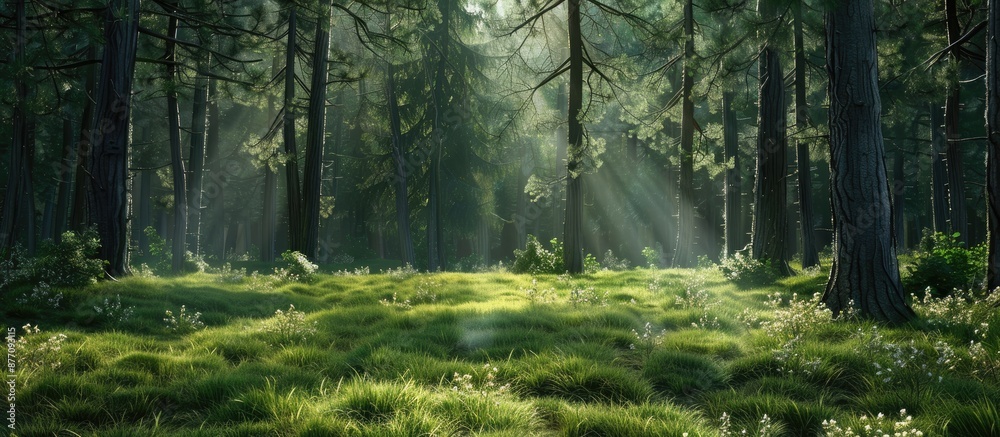 Poster Lush green grasses in a forest setting with tall pine trees, creating a serene backdrop.