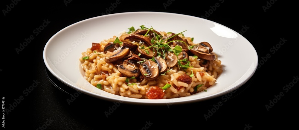 Poster top view of a mushroom risotto on a white background with copy space image available.