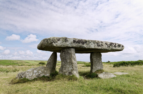 Lanyon Quoit reconstructed prehistoric dolmen megalithic chamber formed the north end of a long barrow. Near Morvah, Cornwall, England