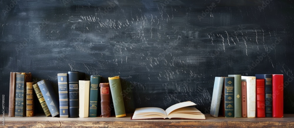 Wall mural desk with a variety of books neatly arranged in front of a blank chalkboard background ideal for cop