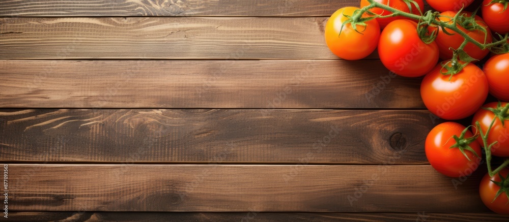 Poster wooden table background with orange tomatoes as a copy space image.