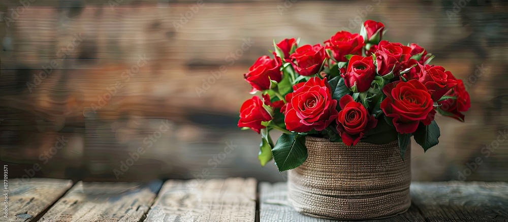 Poster red roses bouquet in a fabric box on a wooden surface with copy space image.
