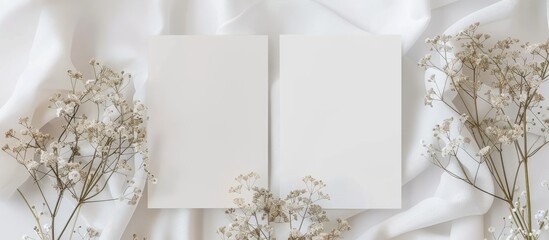 Mockup of blank wedding invitation card adorned with trendy dried gypsophila flowers on both front and back sides, featuring ample copy space image.