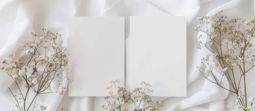 Mockup of blank wedding invitation card adorned with trendy dried gypsophila flowers on both front and back sides, featuring ample copy space image.