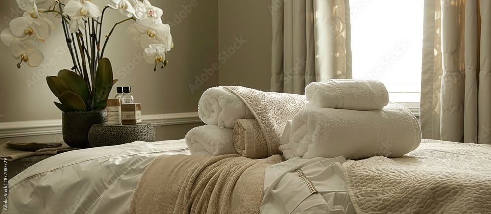 Poster The treatment table is adorned with pillows and towels, creating a serene atmosphere with the potential for a copy space image.