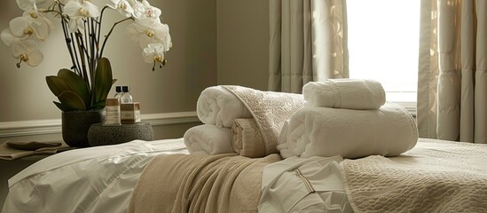The treatment table is adorned with pillows and towels, creating a serene atmosphere with the potential for a copy space image.