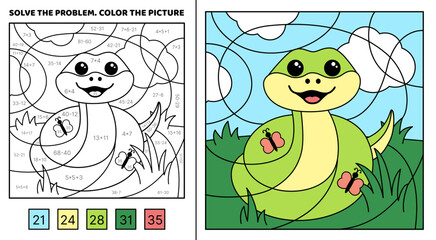 Solve the problem. Cheerful snake with butterflies in grass. Color the picture. Coloring book. Cartoon, vector