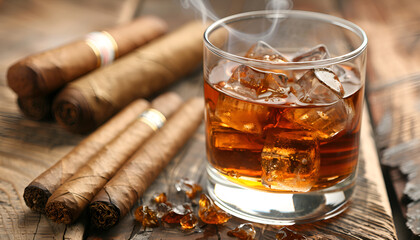Glass of whiskey with ice cubes and cigars on wooden table, closeup