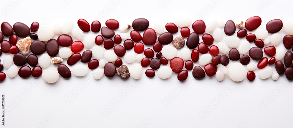 Poster white surface with scattered beautiful natural red stones, providing a visually appealing look with 