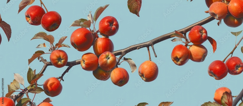 Fototapete A seamless pattern featuring a branch of wild Apple tree with Paradis Apples, set against a blue sky as ruddy apples create a striking contrast with copy space image.