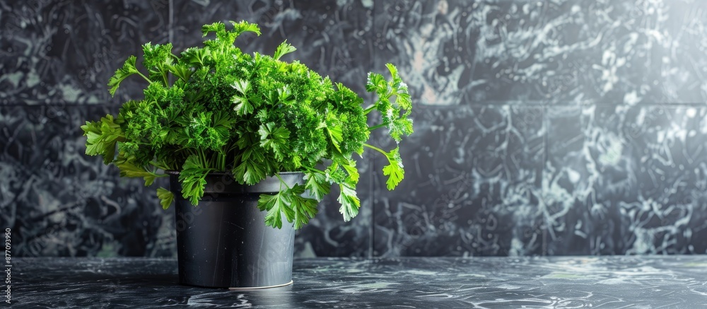 Poster a pot of parsley (petroselinum crispum) within a kitchen setting with a plain background for text or