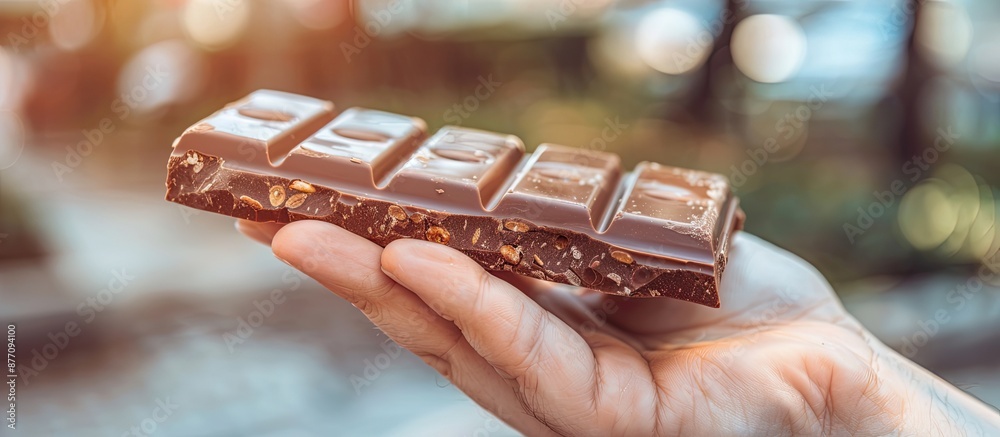 Poster close-up of an unidentified caucasian man's hand holding a partially consumed chocolate bar, showcas