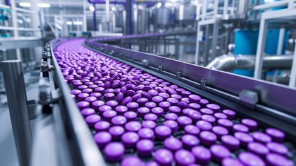Obraz premium Pharmaceutical production purple capsules on conveyor for quality control and batch consistency