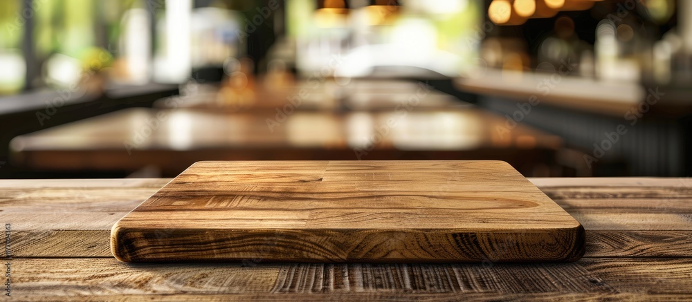 Fototapete blank wooden board on a table with a blurred background, ideal for displaying or showcasing products