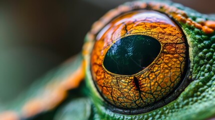 Obraz premium A tight shot of a frog's eyeball showcasing a green pupil at its core