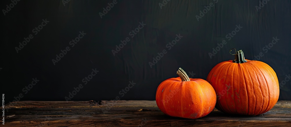 Poster halloween-themed image with two pumpkins displayed on a rustic wooden table against a black backdrop