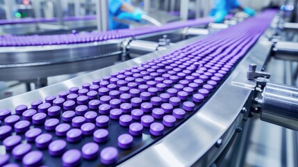 Fototapeta premium Pharmaceutical quality control purple capsules in precise rows on conveyor belt