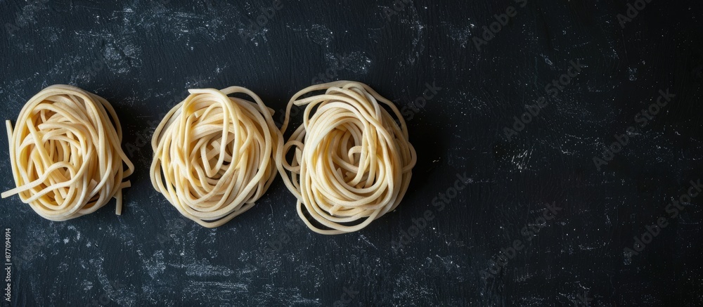 Poster Top-down photo of three udon noodle nests on a black background with a copy space image.