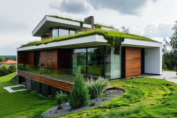 Obraz premium Modern house concept, with grass on the roof. Green home design