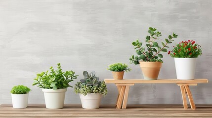 Image showcasing six potted plants placed on a wooden shelf with a light-colored background, featuring a diverse collection of plants in various pots designed for indoor decoration.