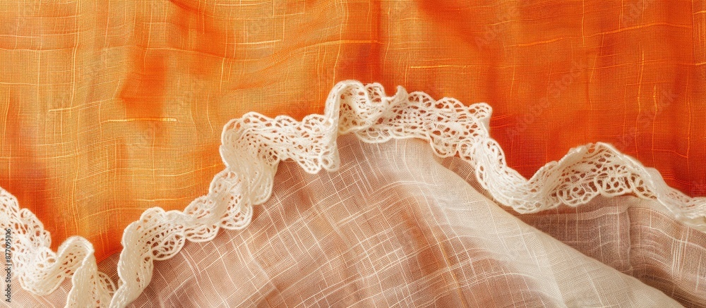 Poster Natural linen with lace ribbon against a vibrant cloth backdrop, creating a border frame for a copy space image.