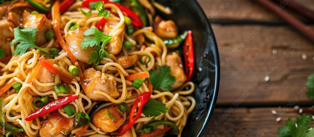 Poster close-up view of asian food in a chicken wok noodle dish with ample copy space image.