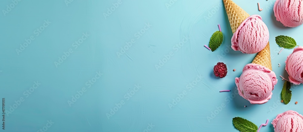Poster light blue background with copy space image for ice cream.