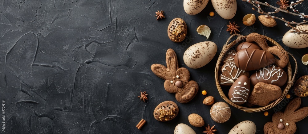 Leinwandbilder popular easter treats like chocolate eggs and bunny cookies placed on a black background in a top vi