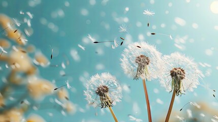 Dandelion seeds scattering in the breeze captured in a copy space image