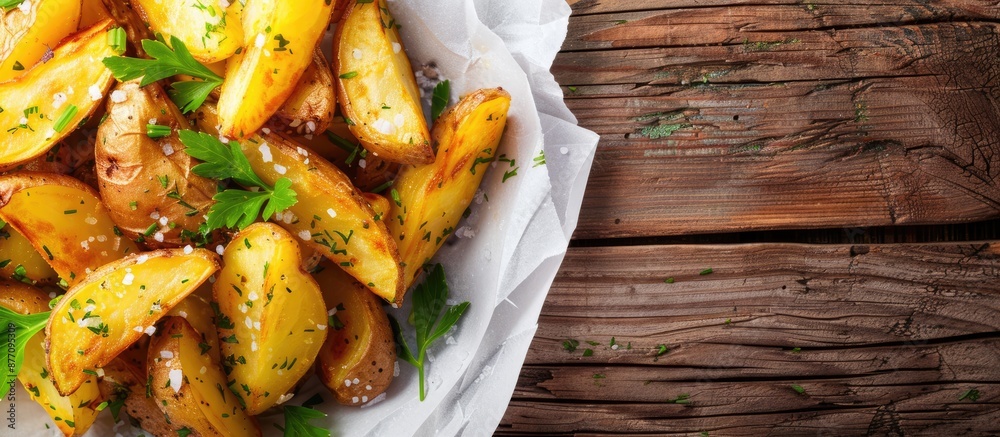 Aufkleber top-down view of salted and dilled potato wedges on white paper against a background of dark wood, w
