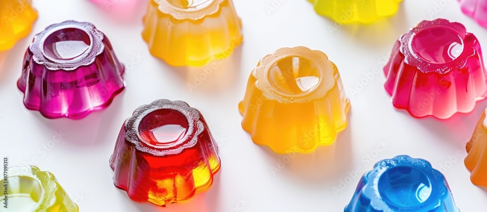 Poster Transparent round fruit jelly set on a white surface with a clear area for adding images or text, known as a copy space image.