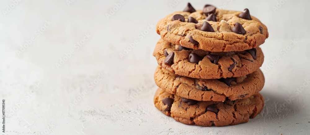 Poster a mouthwatering stack of chocolate chip cookies on a white surface with copy space image.