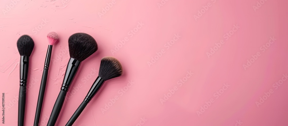 Aufkleber makeup brushes in a flat lay composition on a pink background with a top view and copy space image. 