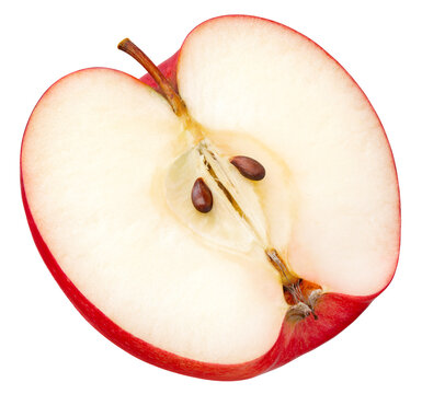 Apple half isolated png. Red apple half on transparent background. PNG format. Red apple slice with no background. Top view. Full depth of field.