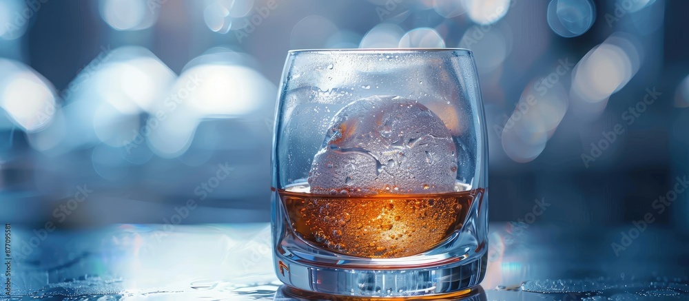 Poster Close-up view of a spherical ice cube and whiskey in a studio setting with copy space image.