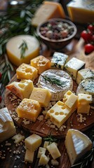 Different kinds of cheese like parmesan, brie, roquefort, and cheddar are displayed in a copy space image
