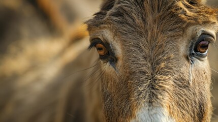  A tight shot of a donkey's face with a hazy backdrop of another donkey's eye