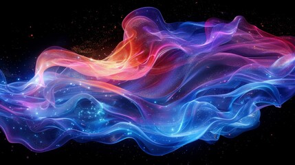 Fototapeta premium Vivid holographic iridescent liquid wavy shape on black backdrop shimmering with rainbow colors