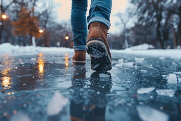 person walking over the ice in a cold winter