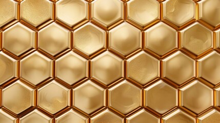 A detailed glossy gold hexagonal pattern with a reflective texture that adds depth and elegance, perfect for backgrounds, wallpapers, and luxurious-themed design work.