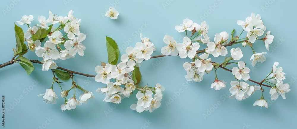 Poster bird cherry's white blossoms against a blue backdrop create a floral abstract in a flat lay composit