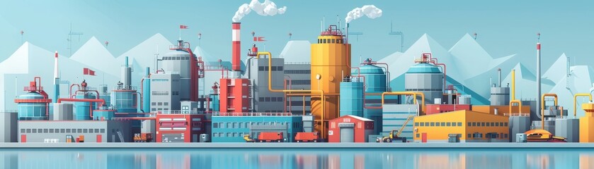 Fototapeta premium Panoramic view of a vibrant industrial cityscape with factories, chimneys, and mountains in the background on a clear day.